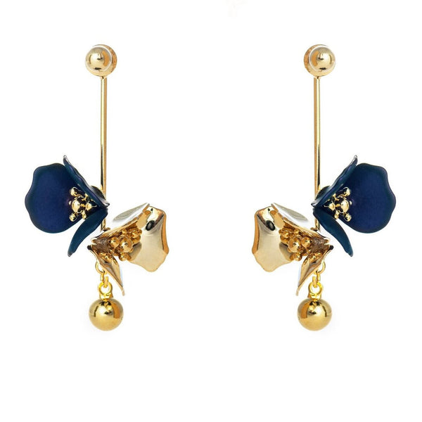 a pair of dangling gold plated flora flower earrings in royal blue form forest jewelry singapore