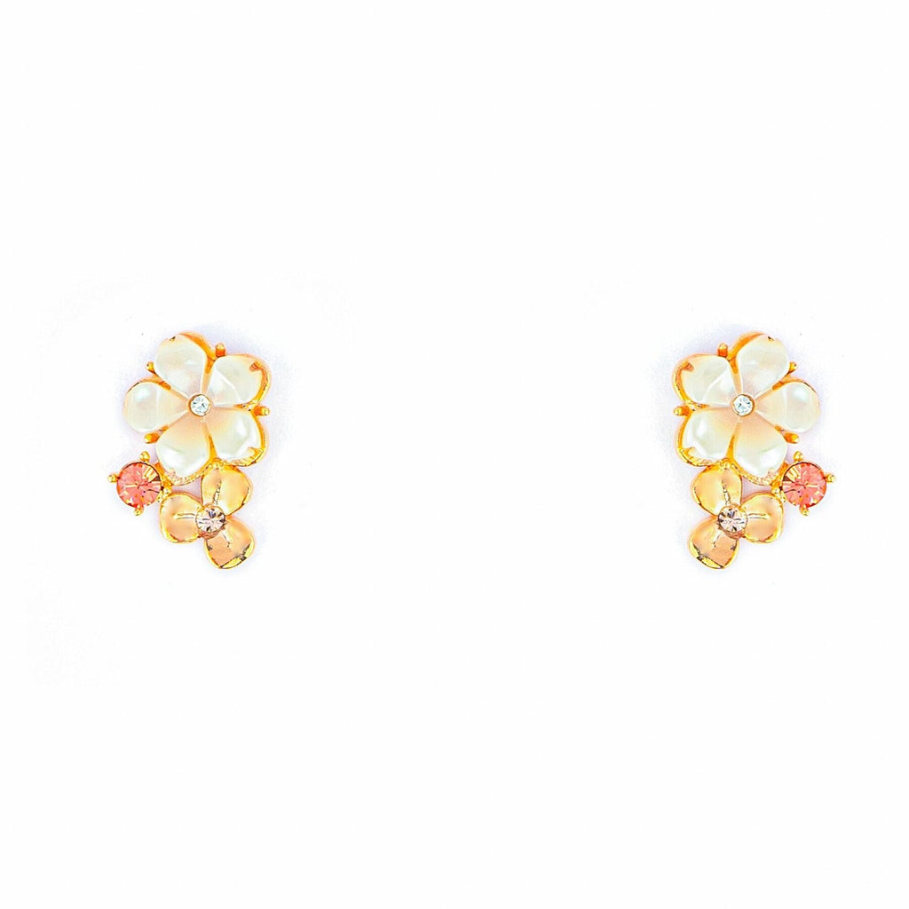a pair of jasmine earrings with petals made from mother of pearls in rose gold plating from forest jewelry singapore