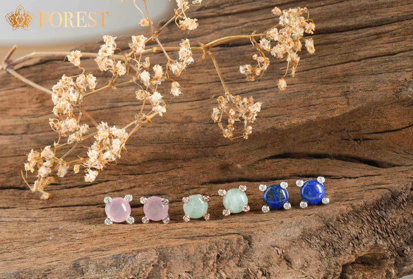 Lapis, Amazonite, Rose Quartz gemstone earrings. Nickel Free, hypoallergenic studs by Forest Jewelry Singapore.