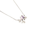 necklace pendant with birds in pink and purple crystals on twig and leaves set in rhodium plating white background from forest jewelry singapore