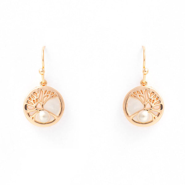 a pair of stud earrings with tree and mother of pearl in rose gold plating from forest jewelry singapore