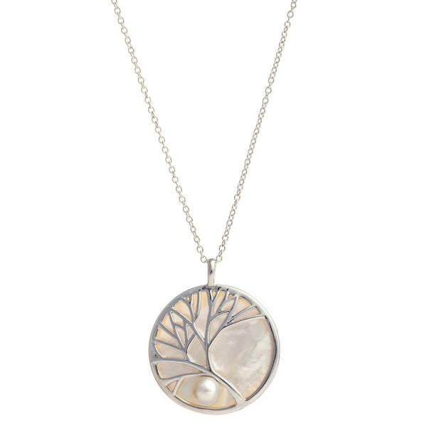 necklace pendant with tree and mother of pearl in rhodium plating from forest jewelry singapore