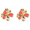 yellow gold plated ear studs with gold and pink petals from forest jewelry white background