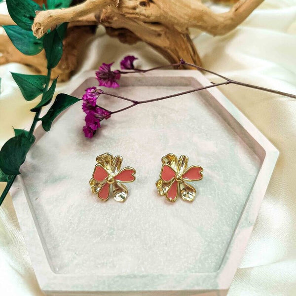 yellow gold plated ear studs with gold and pink petals from forest jewelry
