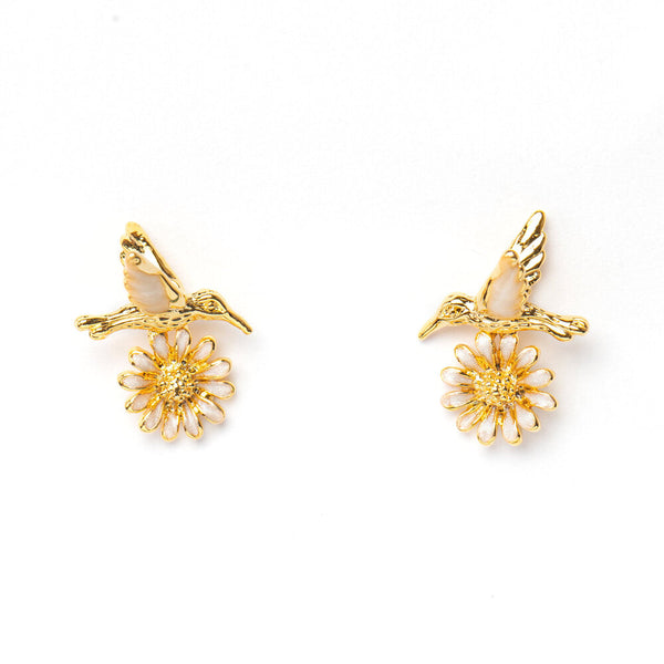 A pair of Hummingbirds and daisy earrings set in yellow gold plating from Forest Jewelry singapore