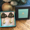 weavee earrings in olive green with gold plated baroque nuggets from forest jewelry in box